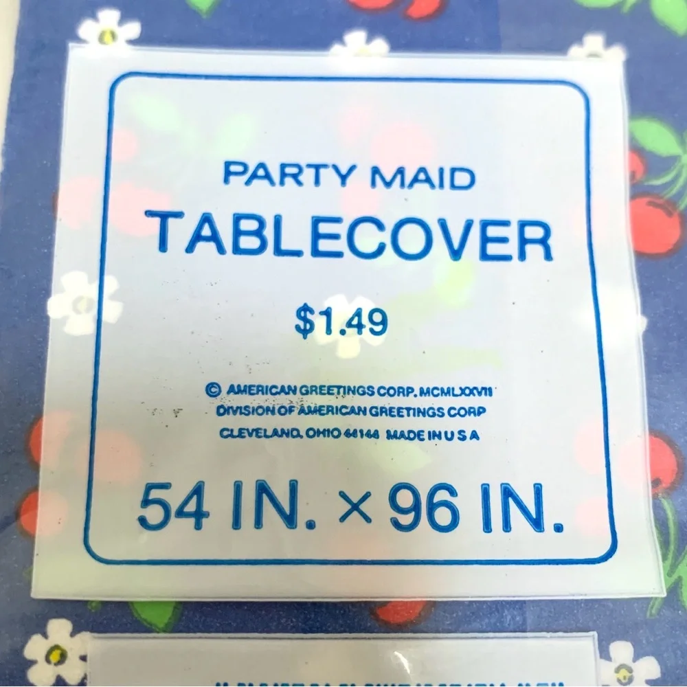1970s blue tablecover with red cherries white daisies print by Party Maid